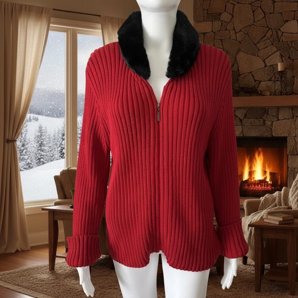 Hampshire Studio Women's Maroon Faux Fur Trim Full Zip Cardigan - 2XL
 b60
